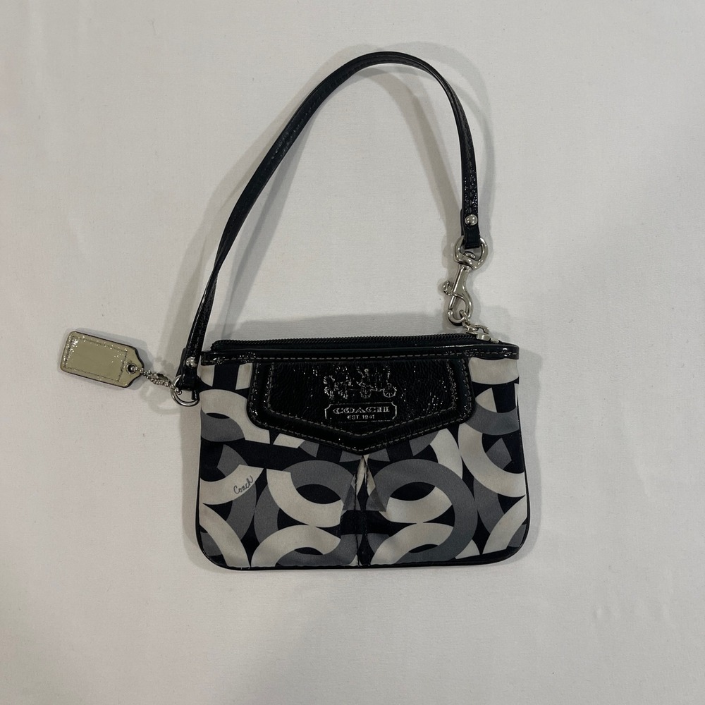 Coach Optic Link Canvas Wristlet Womens Small Black Grey Patent Trim | Y2K Core